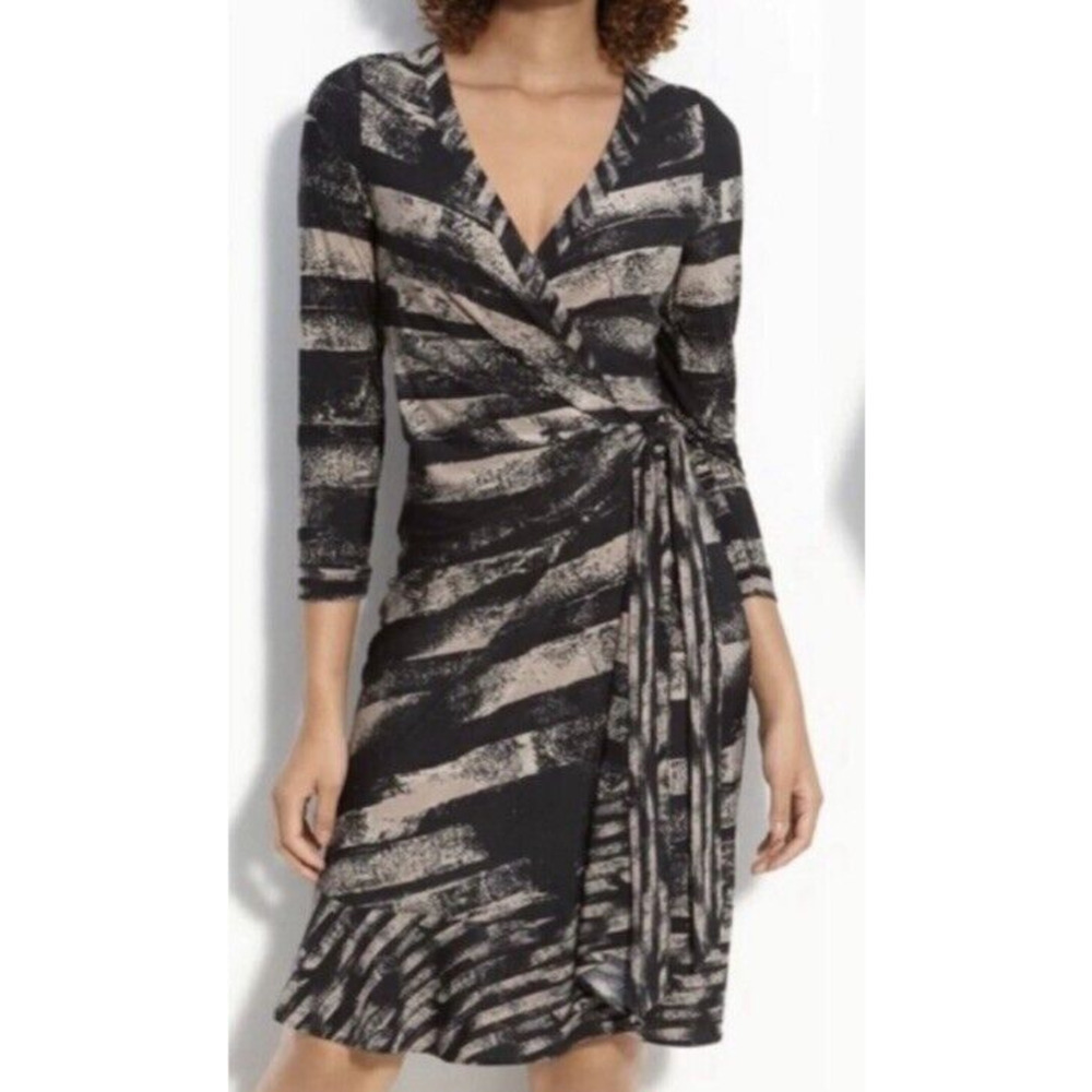 BCBGMaxAzria Black and Cream Printed Wrap Midi Dress